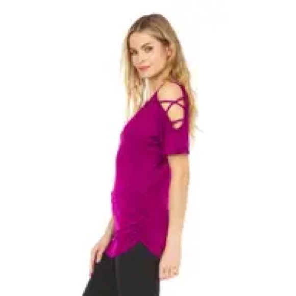 Cold Shoulder Asymmetrical Ruched Short Sleeve T-shirt multiple colors & sizes - Picture 8 of 11